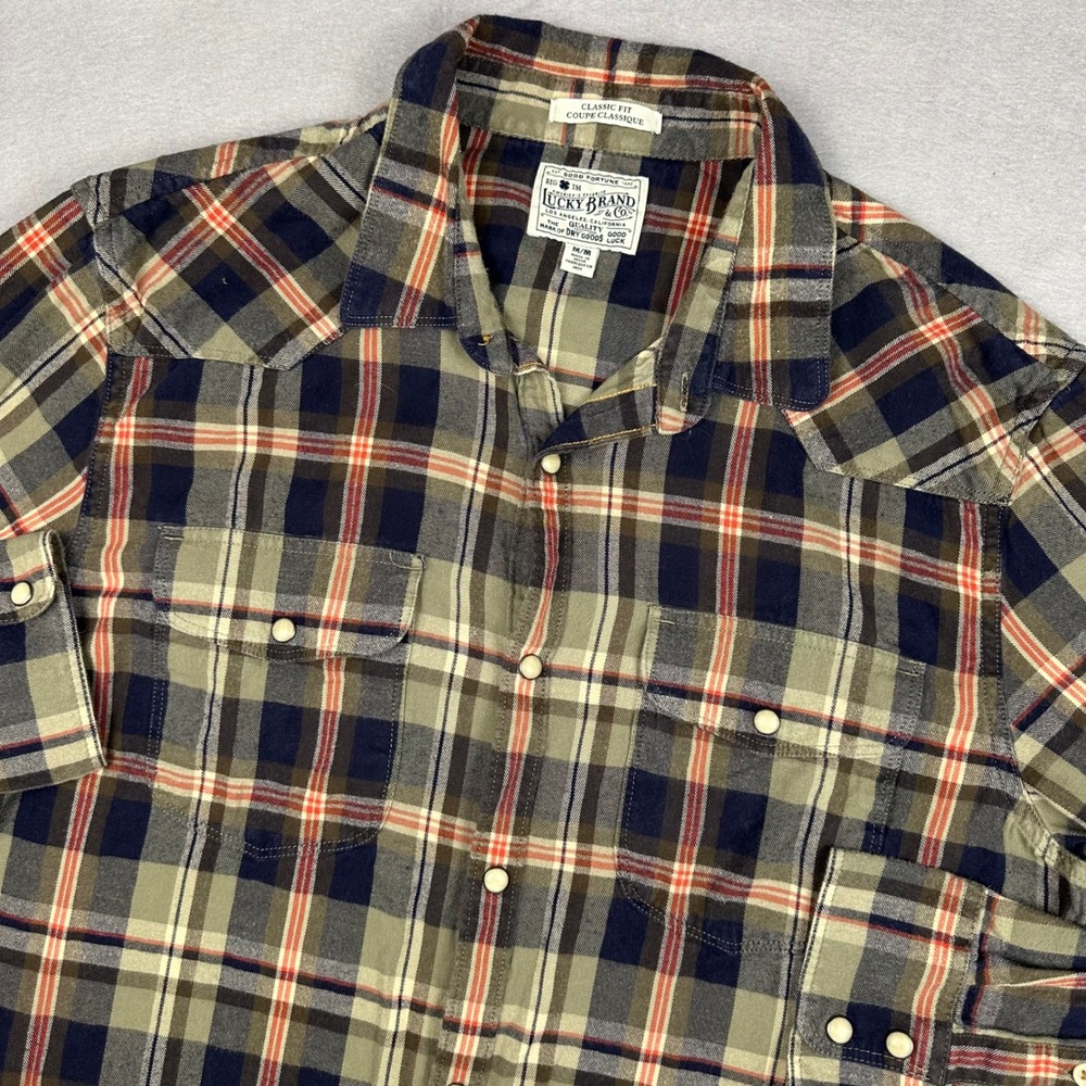 Lucky Brand Mens Classic Fit Plaid Western Snap Front Shirt Olive Black Medium
